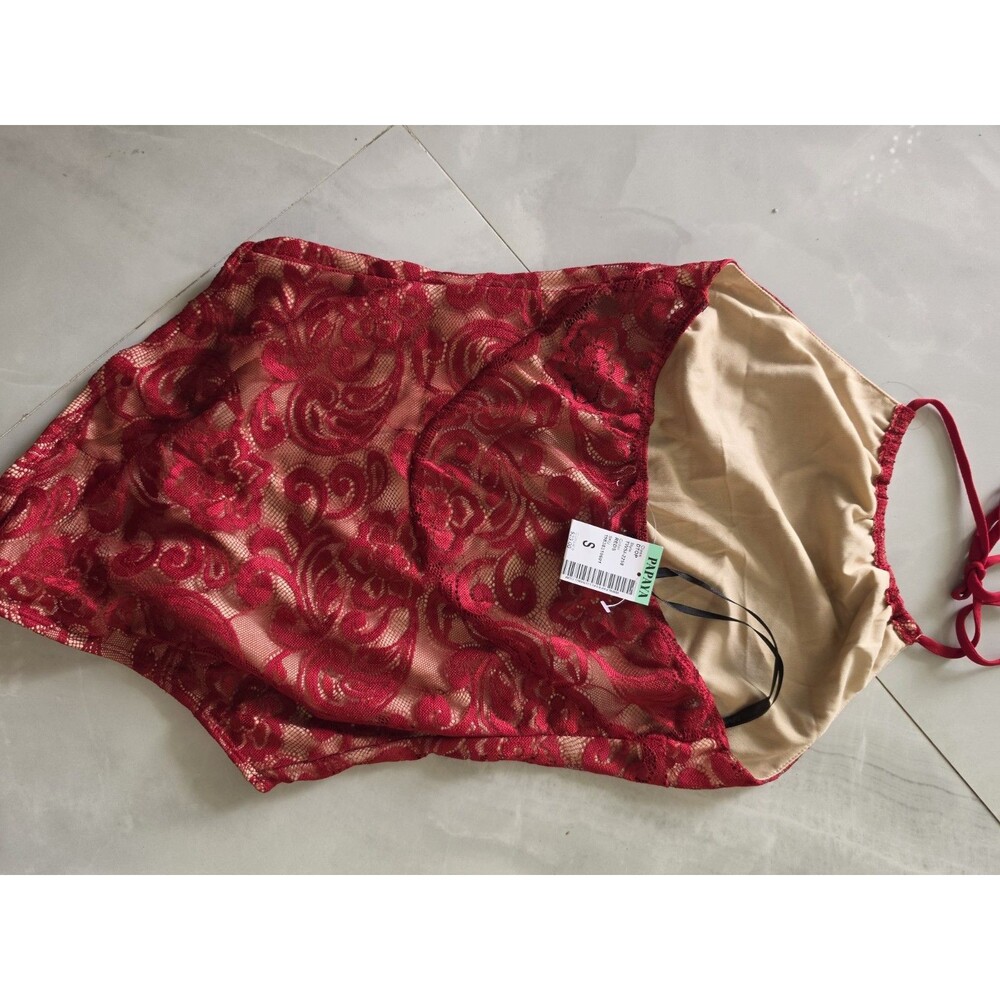 NWT Red Floral Lace Bodysuit Teddy with Nude Lining and Strappy Back Papaya Sz S - Picture 6 of 7